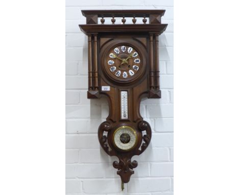 French three dial wall clock, separate cartouche dial signed Pfister Toulouse, with barometer and thermometer, 83cm