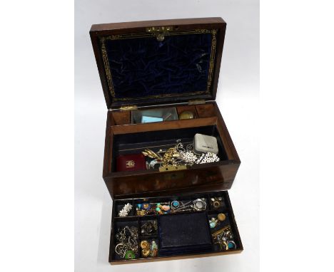 19th century mahogany brass bound box containing a quantity of vintage and later costume jewellery to include some silver ite