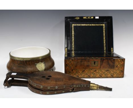 Marquetry writing slope, 30 x 15 x 23cm, together with a white ceramic carlton ware bowl in oak mount and wood and leather be