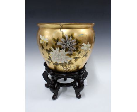 Gilt painted floral planter, 36 x 29cm, with a chinoiserie wooden stand