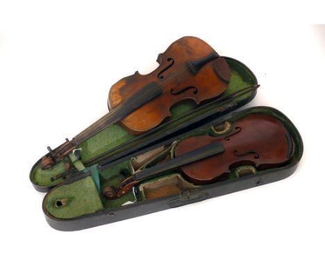 Violins: two cased which need attention with one bow, one stamped Stradivarius to the reverse