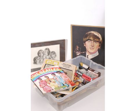 Beatles: collection of magazines, press cuttings, DVDs, cassette tapes, framed and glazed print and other ephemera