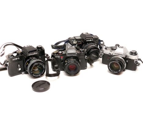 Various SLR Cameras: small quantity of various cameras including Minolta XE-1 with Rokkor-PG f/1.4 50mm lens, Pentax Program 