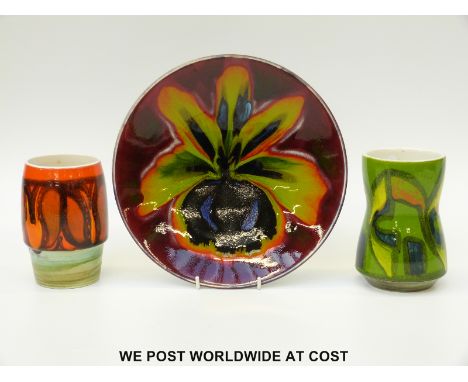 Poole Pottery limited edition 144/500 Anita Harris "Spider Orchid" charger and two Poole vases 