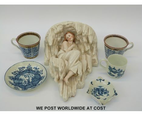 Early Worcester leaf shaped pickle dish in Two Peony Rock Bird pattern with c1756 workman's mark; Chamberlain Worcester coffe