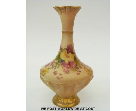 Royal Worcester blush ivory pedestal vase decorated with flowers, puce Worcester mark and shape no 1538 to base (18cm tall)