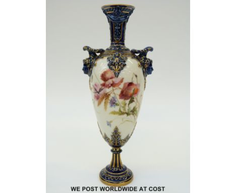 Royal Worcester twin handled pedestal vase hand decorated with flowers and insects, brown Worcester mark and shape no 1410 to