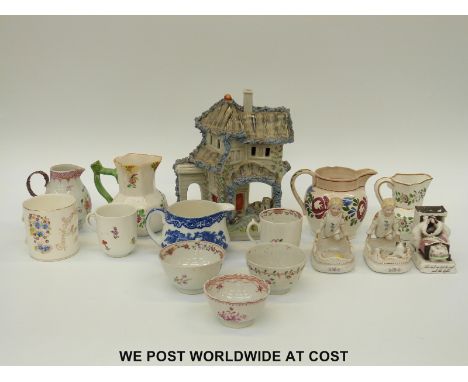 A collection of first period Worcester tea bowls together with a Staffordshire pastille burner and a George Jones jug
