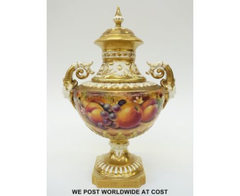 Royal Worcester painted fruit twin handled lidded pedestal vase signed P. English shape no 1572 to base (28cm tall)