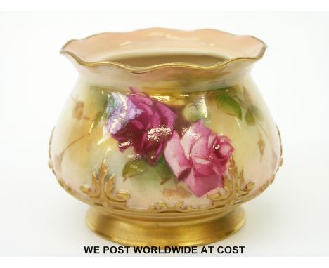 Royal Worcester squat vase hand decorated with roses, puce mark and shape no 265 to base (7cm tall)