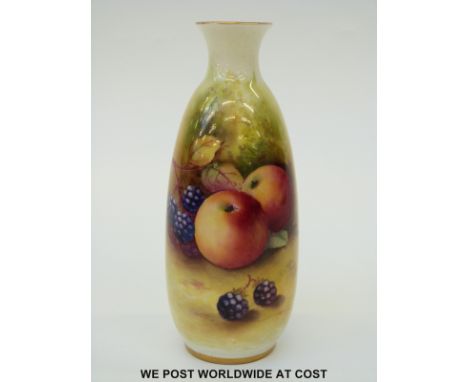 Royal Worcester vase hand decorated with autumn fruits including blackberries, puce Worcester mark and shape no 2491 to base 