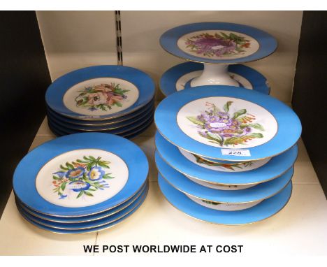 A continental painted ceramic dessert set to include ten plates and six tazza