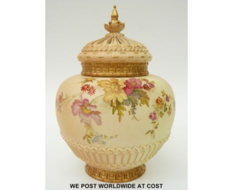 Royal Worcester blush ivory lidded pedestal pot pourri decorated with flowers, puce mark and shape no 1286 to base (26cm tall