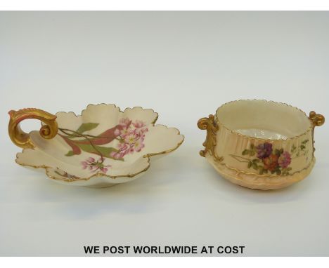 Royal Worcester blush ivory leaf shaped dish and twin handled sucrier, both decorated with flowers, bearing puce marks and sh