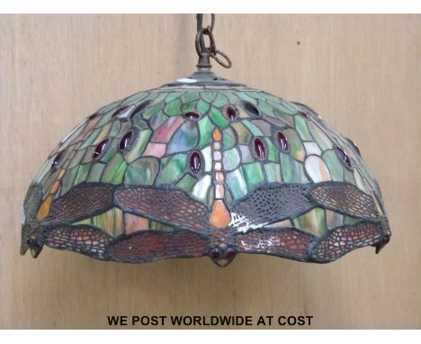 A Tiffany style glass lamp shade decorated with dragonflies (drop from ceiling boss 60cm, diameter 42cm)