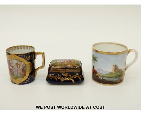A gilt and porcelain bombe shaped snuff box decorated with Watteau scene and flower decoration inside, indistinct Berlin scep