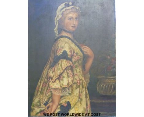 A 19thC oil on canvas of a bewigged gentleman with neckerchief (75 x 63cm) A. Hashagen? oil on canvas lady (79 x 58cm), possi