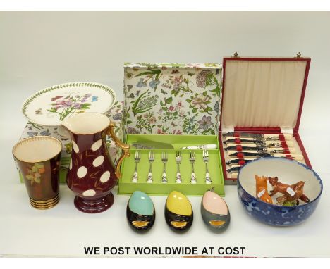 Portmeirion "Botanic Garden" cutlery and cake stand in boxes, Beswick figures, Carltonware and a Wade jug