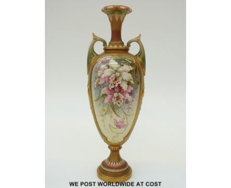 Royal Worcester twin handled pedestal vase hand decorated with orchids and with jewelled panels, green Worcester mark and sha