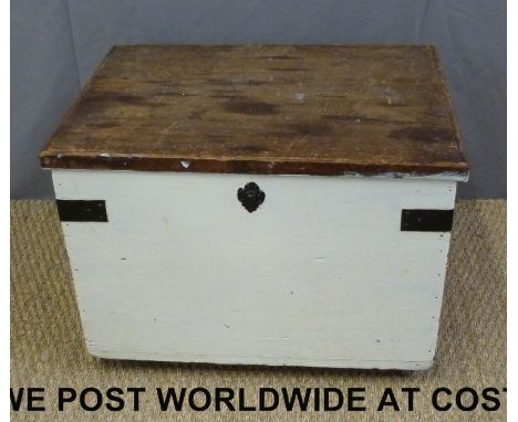 A metal bound painted pine trunk (H45cm x W65cm x D39cm) 