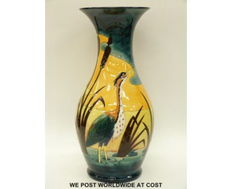 Moorcroft Prestige vase decorated with heron, duck and bulrushes, signed J Moorcroft P R Des 4.10.91 (68cm tall)