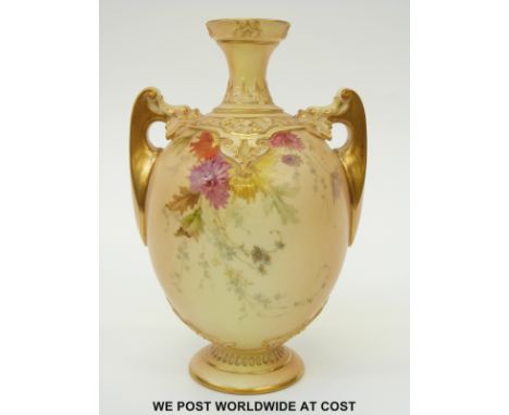 Royal Worcester blush ivory twin handled pedestal vase decorated with flowers, puce mark and shape no 1684 to base (17.5cm ta