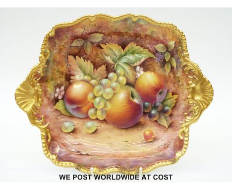 Royal Worcester painted fruit twin handled dish signed P. English (23x28cm) 