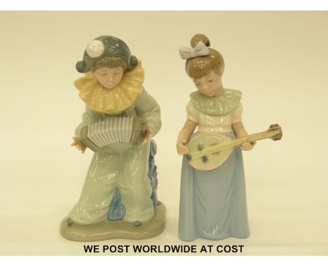 Two Nao figures of children playing mandolin and squeeze box