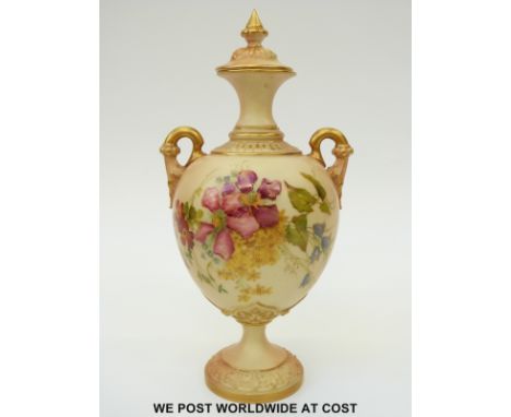 Royal Worcester blush ivory twin handled lidded pedestal vase decorated with flowers, puce mark and shape no 2160 to base (25