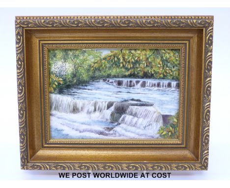Royal Worcester plaque hand decorated with a waterfall scene, signed G. Moody (12x17cm)