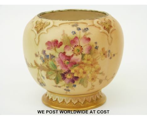 Royal Worcester blush ivory vase decorated with flowers, green Worcester mark and shape no 278 to base (8cm tall)