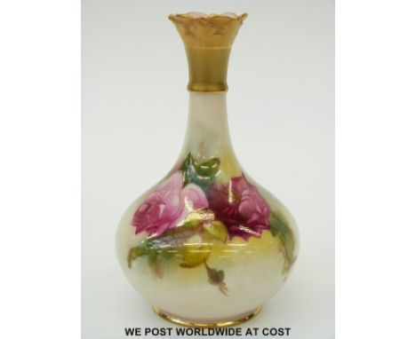 Royal Worcester pedestal vase hand decorated with roses, puce mark and shape no G702 to base (14cm tall)