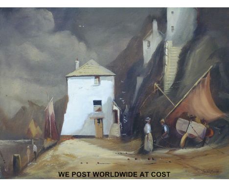 Jack R Mould (1925-1998) oil on canvas 'Harbour House Polperro' with houses, boats and fishermen (41cm x 51cm)