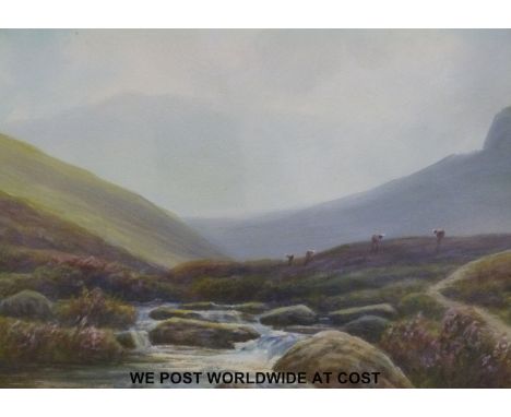 R J Lugg watercolour of a moorland scene (15x23cm) together with a pair of watercolours of Venice (each 22x30cm)