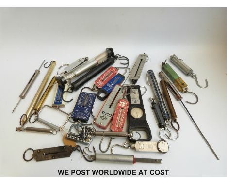 A collection of pocket and similar spring balances, fishing scales / measures etc