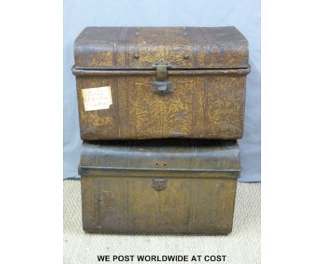 Vintage luggage including metal bound trunk, two metal trunks, one with wood effect and two leather Gladstone bags