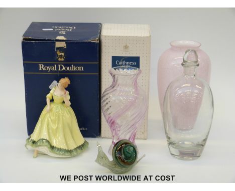 Two Caithness vases, an Orrefors decanter, Royal Doulton figurine Pauline HN2906 and a Langham paperweight