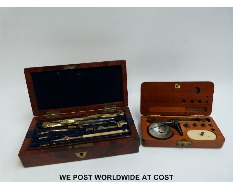 A mahogany cased drawing set and a set of travelling scales 
