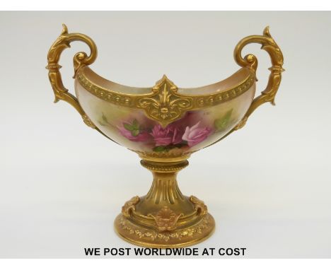 Royal Worcester twin handled pedestal bowl hand painted with roses, signed by A Lane