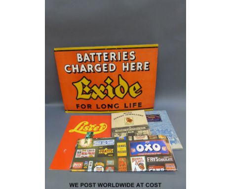 An Exide "batteries charged here" metal advertising sign and a Lister engine sign, together with two books on advertising and