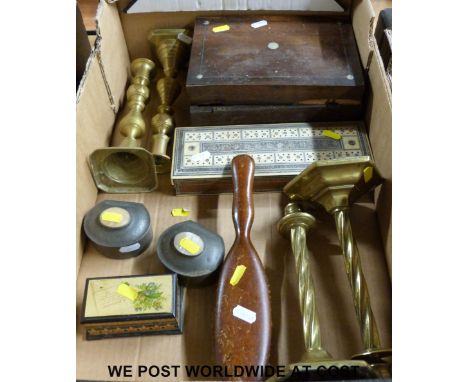 A pair of Tudric pewter caskets with mother-of-pearl cabochons, brass candlesticks, an Indian vizagapatam cribbage box etc