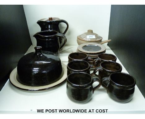 A Bernard Leach pottery part tea set including coffee pot, milk jug, six coffee cups and saucers all impressed with BL mark t