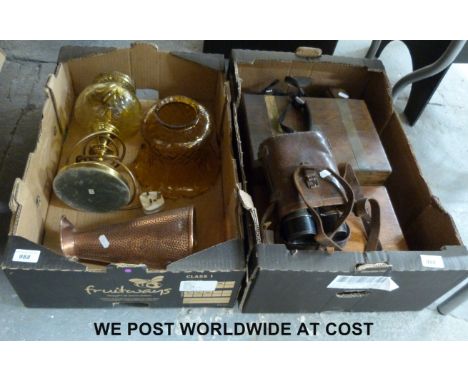 Two 19thC mahogany writing slopes, a pair of WW1 era Ministry-marked binocular, a copper jug, a King of the Road carbide lamp