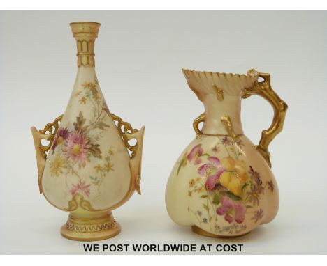 Royal Worcester blush ivory jug decorated with flowers and a bud vase (tallest 17cm) 