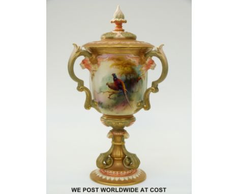 Royal Worcester Hadley pedestal covered tyg pot pourri hand decorated with pheasant scenes (29cm tall)