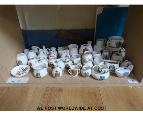 Forty pieces of mixed crested china to include W.H. Goss; Chester Roman vase, Tintern Abbey Welsh jack, City of Bangor jug, M