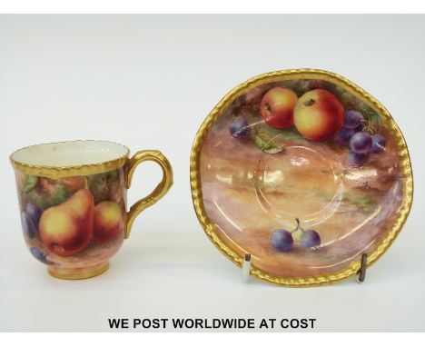 Royal Worcester painted fruit cabinet cup and saucer signed Price