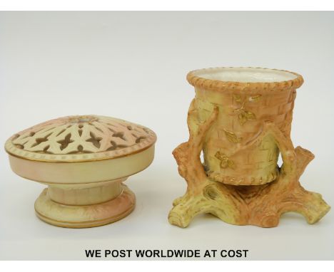 Royal Worcester China Works blush ivory cache pot in the form of a basket, shape 870 (9cm tall) and a Locke & Co pedestal pot