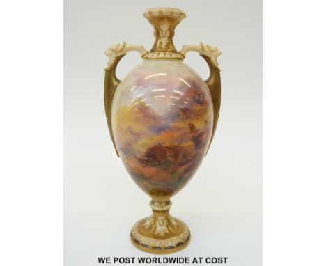 Royal Worcester twin handled pedestal vase hand decorated with scenes of Highland cattle, signed H Stinton, puce Worcester ma