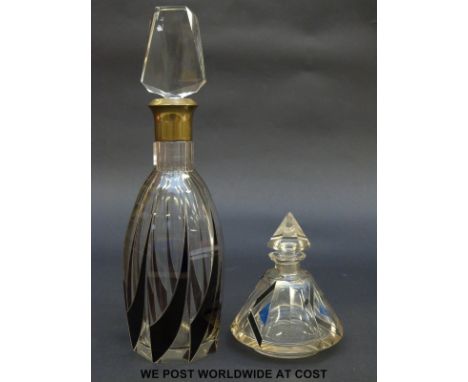 An Art Deco glass decanter (26cm tall) and scent bottle (12cm tall) both with black flash overlaid and engraved decoration, c
